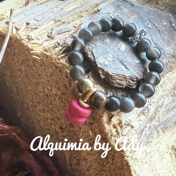 Beaded charms black obsidian ring - Picture 2 of 2